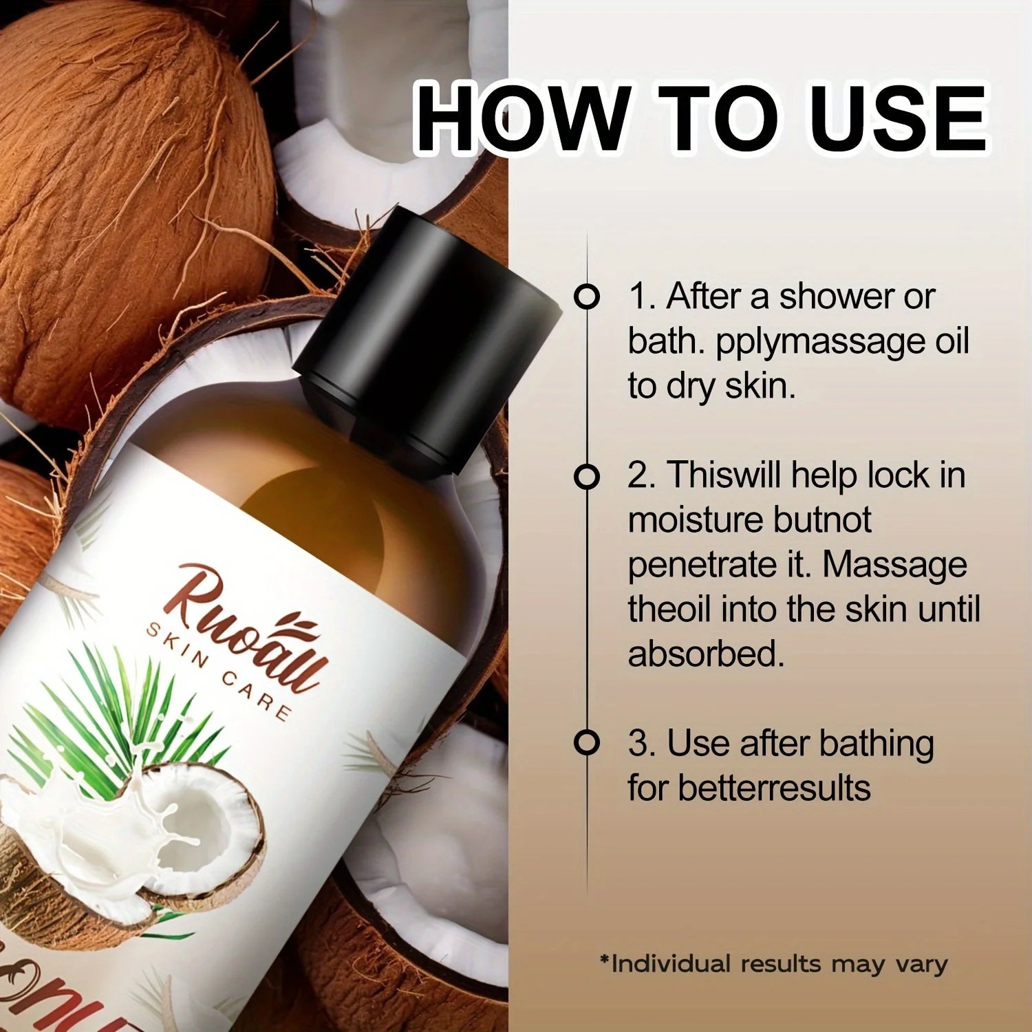 Huile de coco pour massage corporel, huile essentielle riche en extrait d'huile de noix de coco, peut être utilisée pour le massage corporel, parfum durable